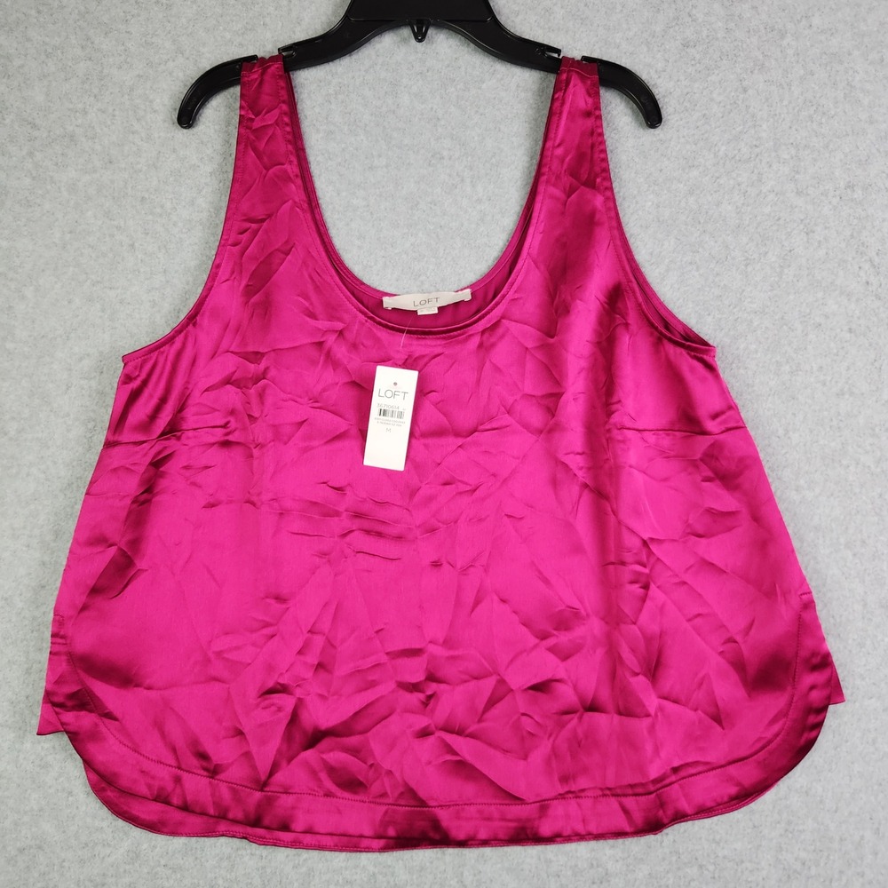 LOFT Tank Top Womens Medium Magenta Pink Satin Sleeveless Scoop Neck Curved Hem